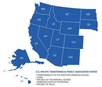 WICHE map includes: WA, OR, ID, NV, CA, MT, WY, UT, AZ, NM, CO, ND, SD, AK, HI, and U.S. Pacific Territories & freely Associated States: Commonwealth of the Northern Marianas Islands, Guam, Republic of the Marshall Islands, Federated States of Micronesia, and Republic of Palau